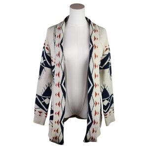 FATE Southwestern Cardigan M Tribal Aztec Open Front Ivory Navy Rust Boho Cozy